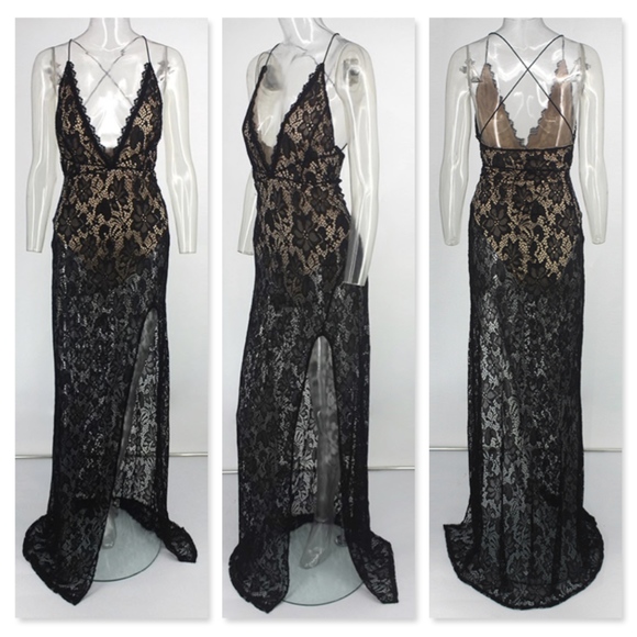 Plunging V Lace Dress with Built-In Bodysuit - Picture 5 of 8